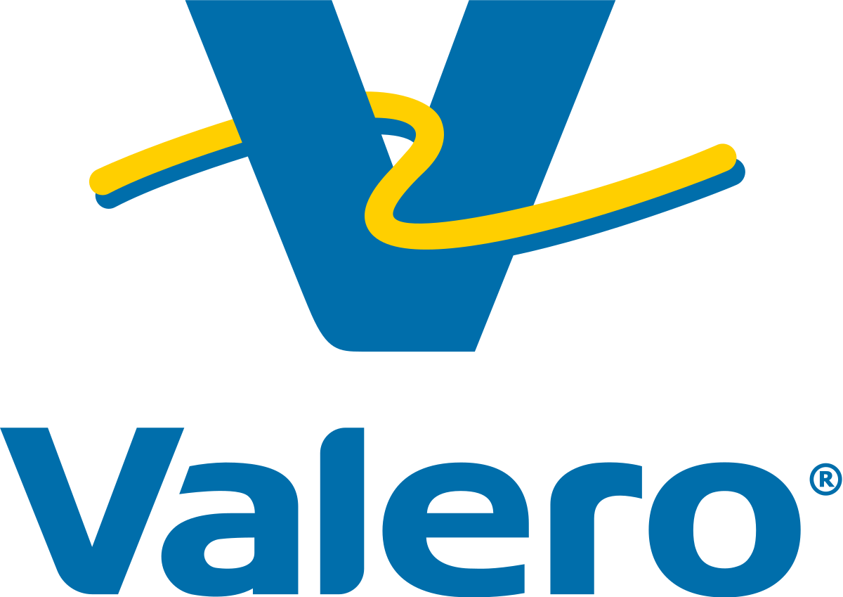 Valero logo, often a white and blue color scheme with a stylized V